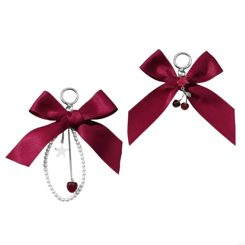 

31BB Elegant Cherrys Key Holder with Imitation Pearls and Star Accent Sturdy Alloy Ribbon Bowknot Keychain Charm Pendant