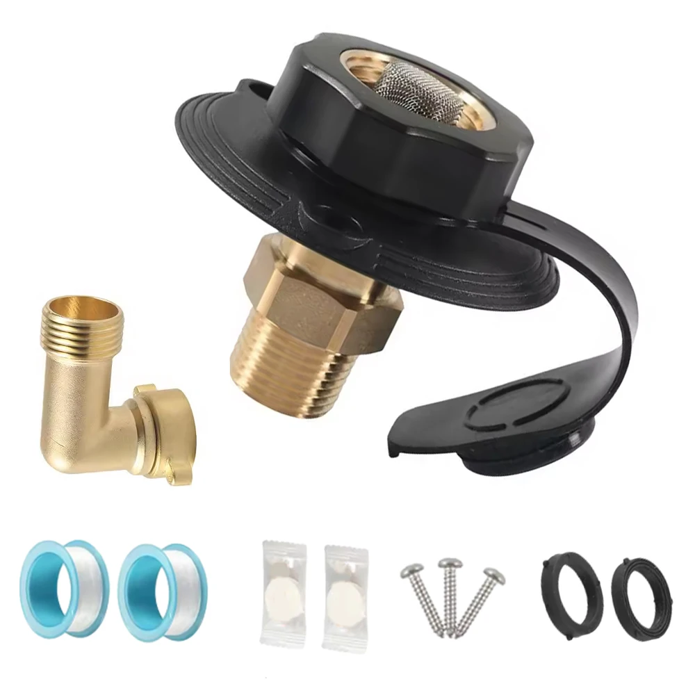 RV Camper Motorhome Trailer Marine White City Water Fill Inlet Flange Brass with Check Valve with Hose Elbow