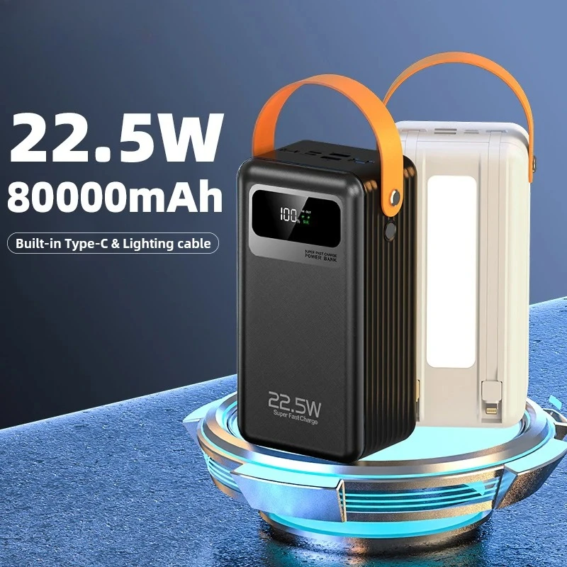 80000mAh Large Capacity Power Bank Portable USB C Cable Fast Charging Mobile External Spare Battery For iPhone 16 Samsung Xiaomi