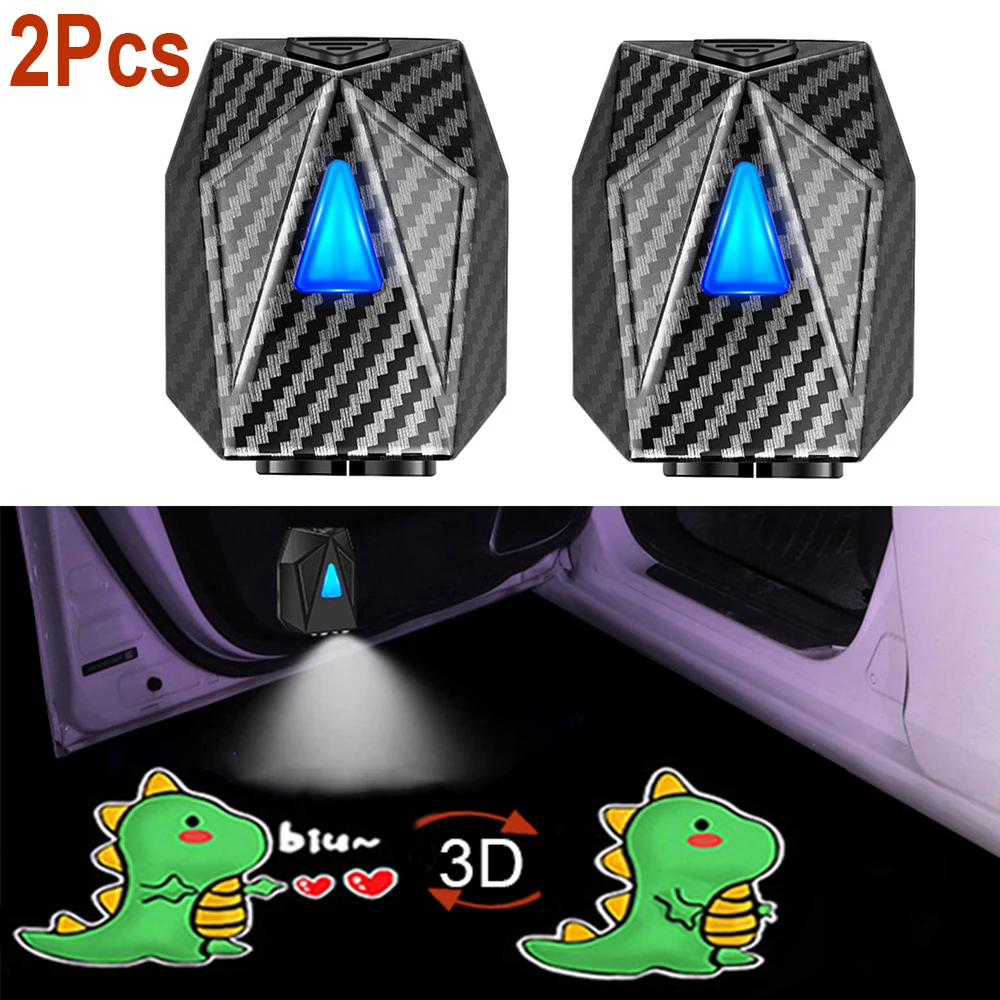 2x Carbon Fiber Cartoon Anime Car Door Projection Light 3D Dynamic Movie Gif Lamp Atmosphere Animated Night Projector Accessorie