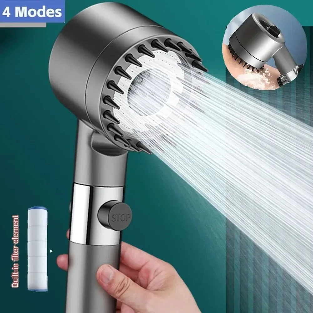 4 Modes Boosted Shower Head household One-Key Stop Water Massage handheld Shower Head With Filter Element Bathroom Accessories