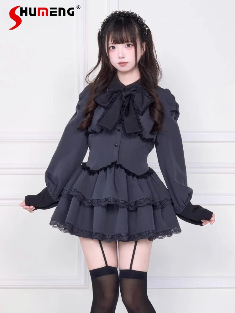 Japanese Style Mass-Produced Subculture Lace-Up Bow Long Sleeve Mini Dress High-Waisted Shorts Two-Piece Set for Women Autumn