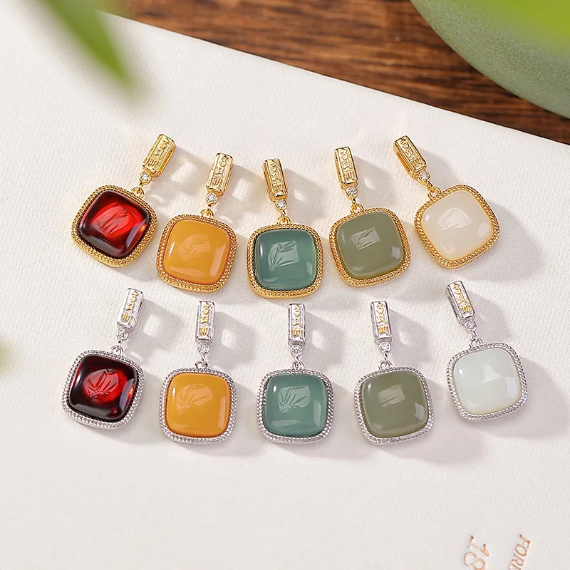 

S925 Sterling Silver Gold Plated Hetian Qing Jade Jadeite Blood Amber Geometric Square Five Elements Pendant Hanging
