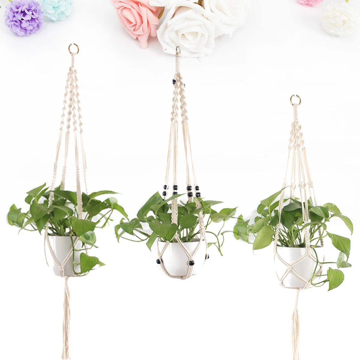 3 Pcs Flowerpot Net Bag Cotton Rope Durable Knitting Tassel Hanging Basket Plant Decor String Mesh