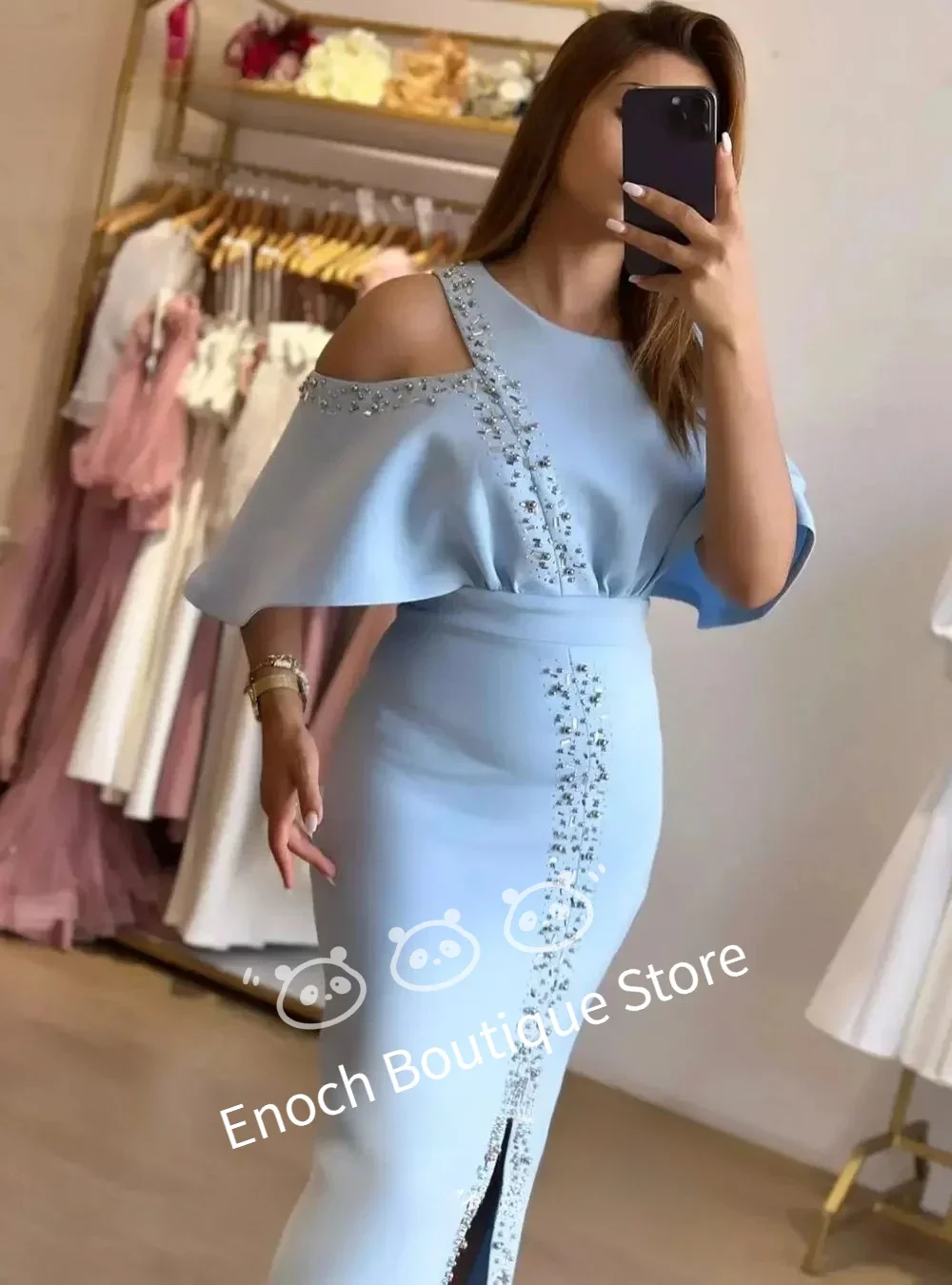 فساتين الحفلات المسائية للنساء من ENOCH مصنوعة حسب الطلب باللون الأزرق السماوي ورقبة دائرية وأكمام مكشكشة مطرزة حورية البحر طول الشاي فستان حفلات سبليت جديد 2025