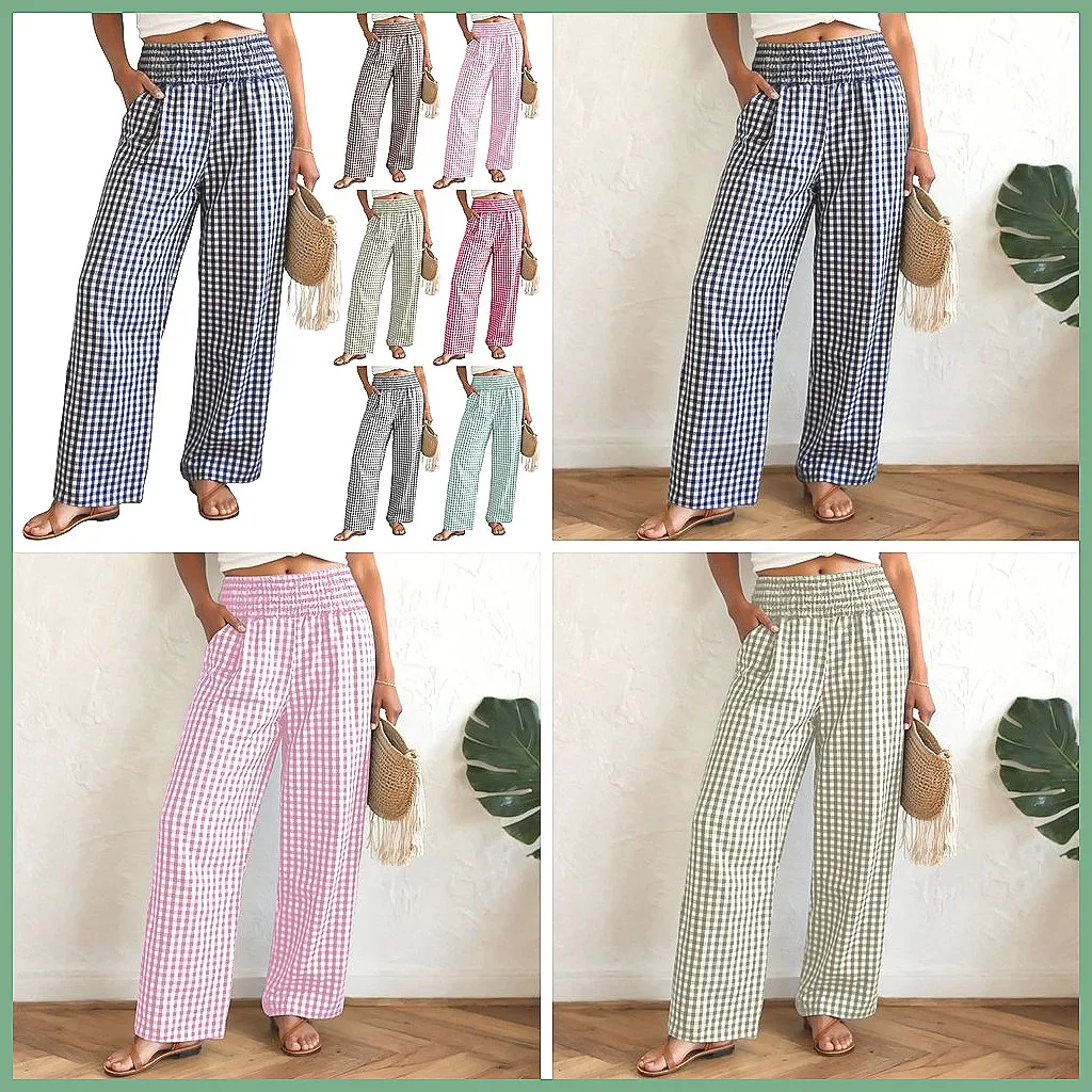 

Women's Casual Plaid Wide Leg Pants with Pockets & Elastic Waist - Comfortable Daily Trousers (Characters: 78)