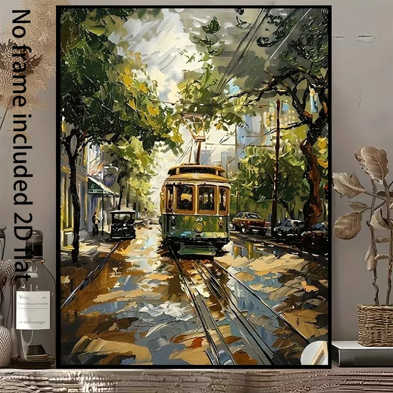 2D Flat, 2D Flat, 1pc of Decorative Canvas Art Featuring a Vintage Tram on a Rainy Street with Lush Green Trees, Unframed Can