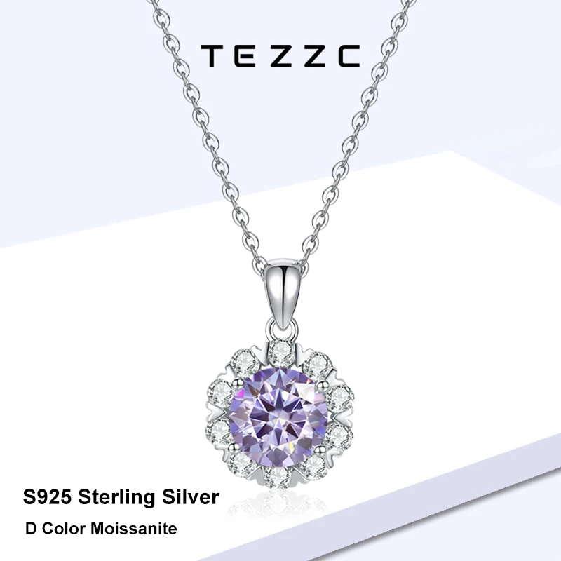 

Tezzc 2ct Purple Moissanite Necklace for Women Classic Pendant 925 Sterling Silver with White Gold Plated Fashion Party Jewelry