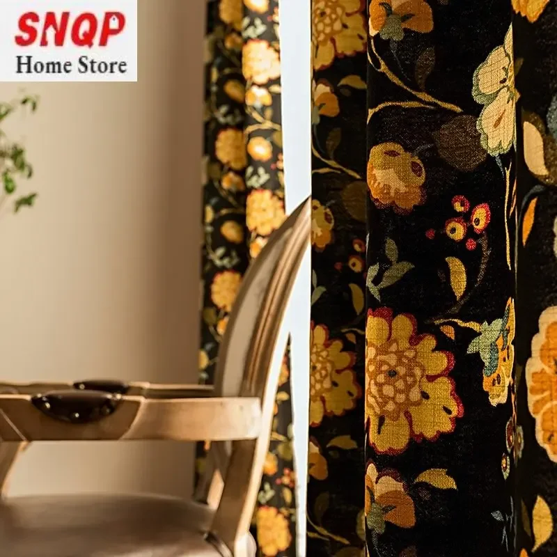 

American retro pastoral large flower floral cotton and linen printing bedroom dining room living room balcony finished curtains