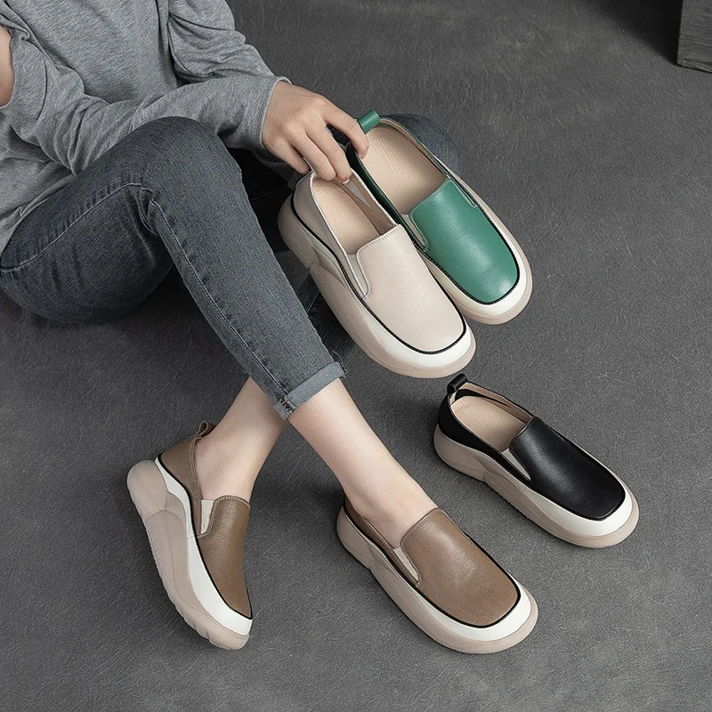 2022 new first layer cowhine leather fashion all wear loafers platform casual retro single shoes