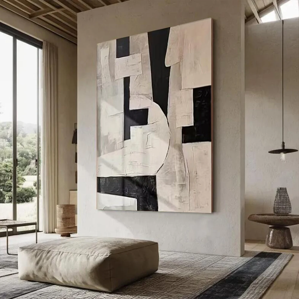 

Large Abstract Oil Painting Hand Drawn Black & White Wabi Sabi Artist Cloth Wall Decorative Art for Living Space