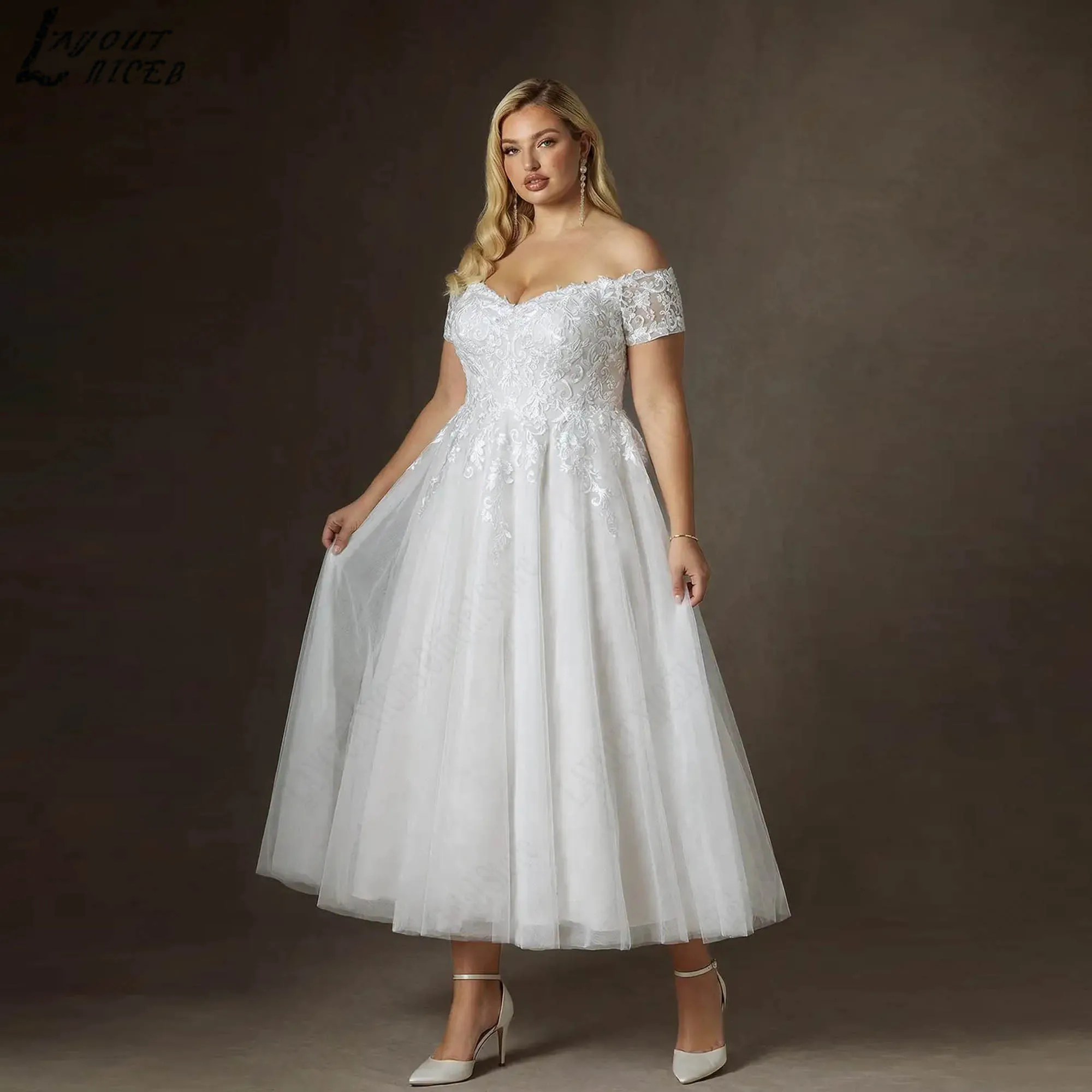 Plus Size Off Shoulder Wedding Dresses Tea-Length Appliques Tulle A-line Bridal Party Gowns V-neck Backless vestidos Customized