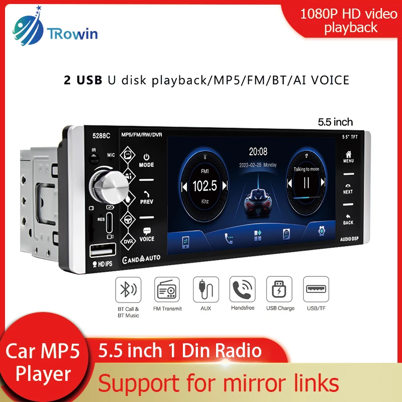 1 Din CarPlay MP5 Player 5.5'' Car Radio Android Auto Stereo Receiver AI Voice Multimedia Player Bluetooth FM RDS