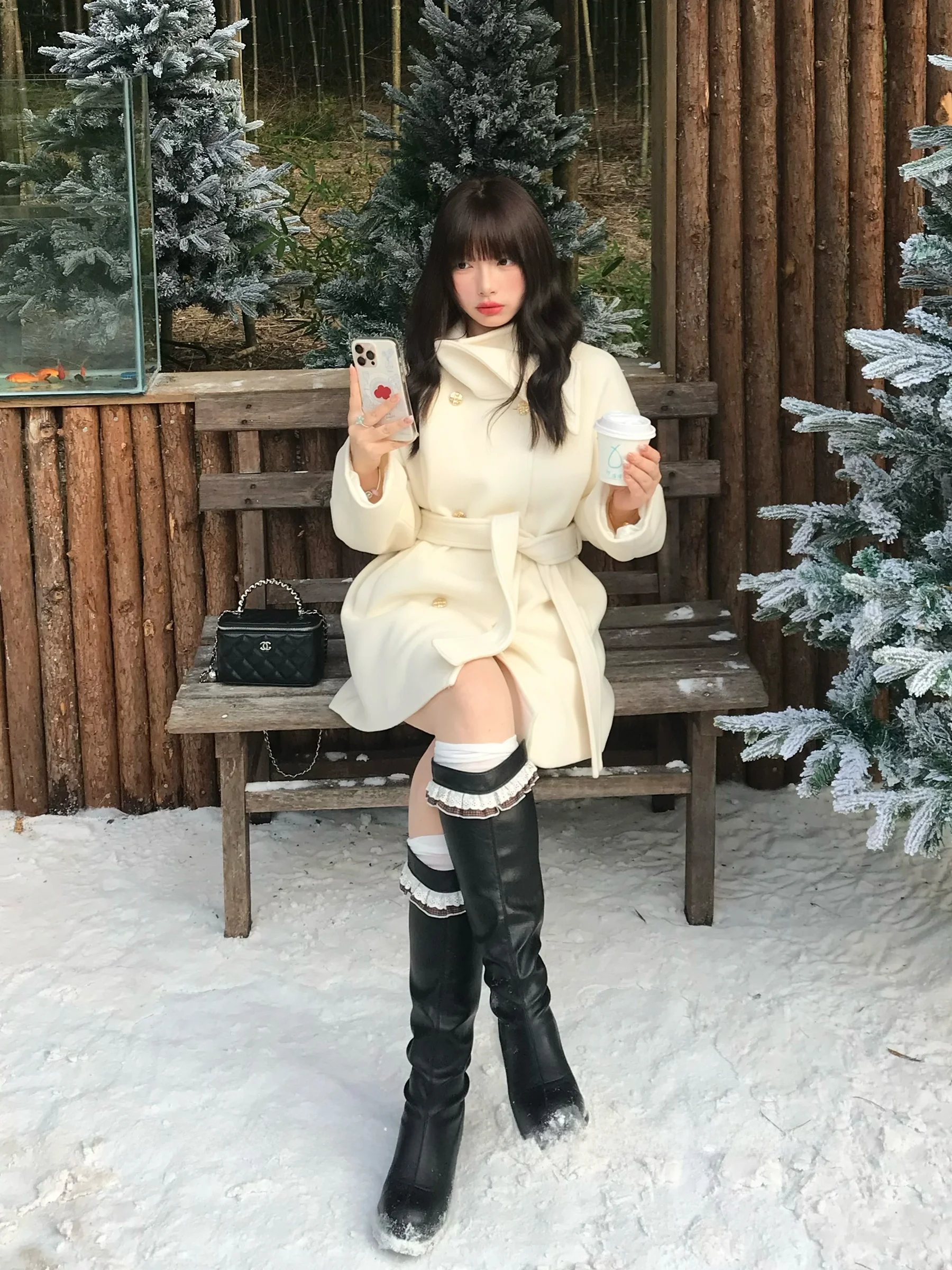 

Ulovely Vienna Winter Symphony plus Size Coat with Scarf Collar Golden Bule Waist Cinching Thiened Woolen Outerwear