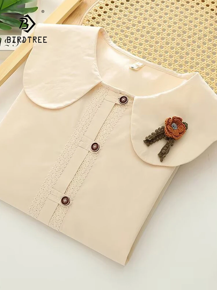 

Новая осенняя хлопковая рубашка с длинным рукавом 2025, женская рубашка с воротником Питера Пэна и 3D цветочным принтом, кружевная свободная блузка в консервативном стиле Mori Girl T59751CC