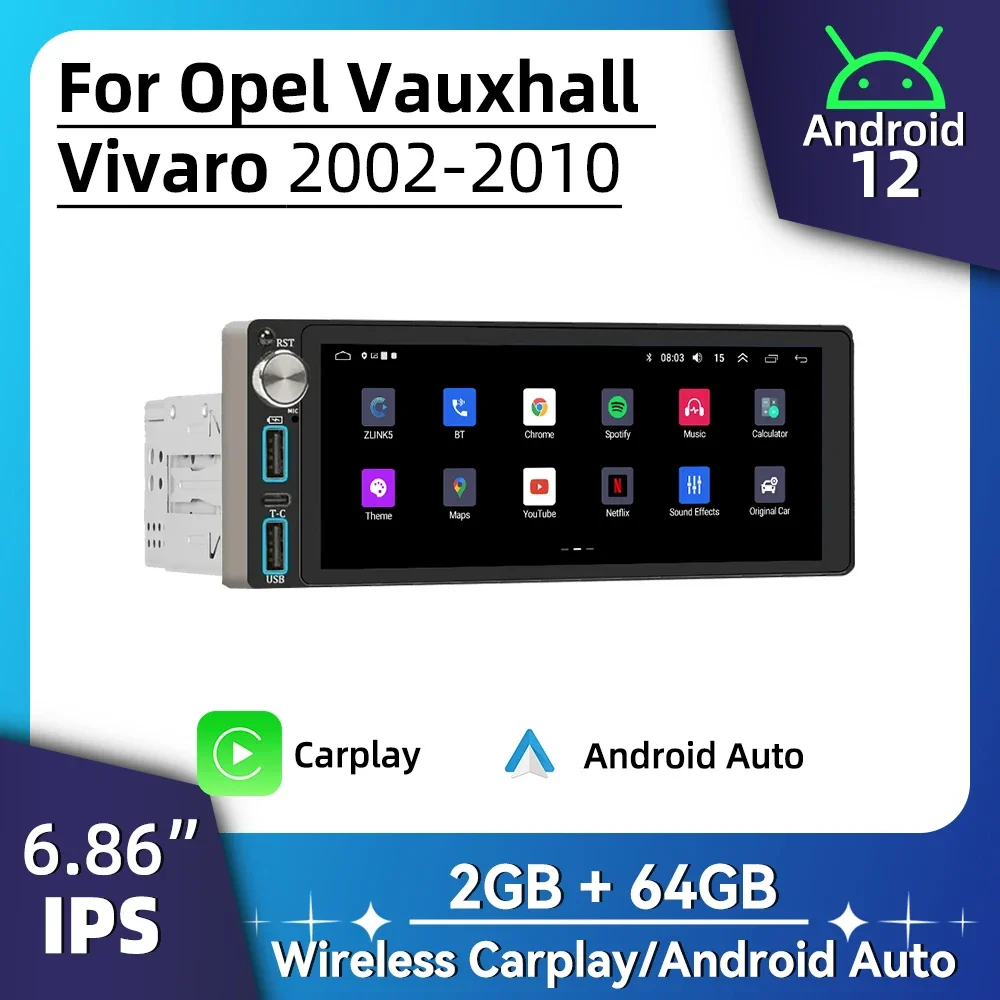 

6,86 "экран Android автомобильный мультимедиа для Opel Vauxhall Vivaro 2002-2010 1Din радио стерео головное устройство авторадио Carplay GPS BT WIFI