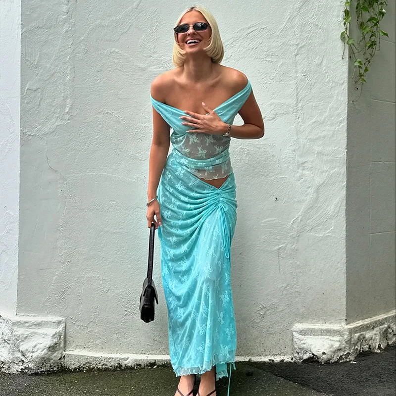 

Лоскутная сексуальная прозрачная кружевная женская юбка, костюм с разрезом на шее, топ, длинные юбки, женские весенние новые элегантные комплекты из двух предметов 2025