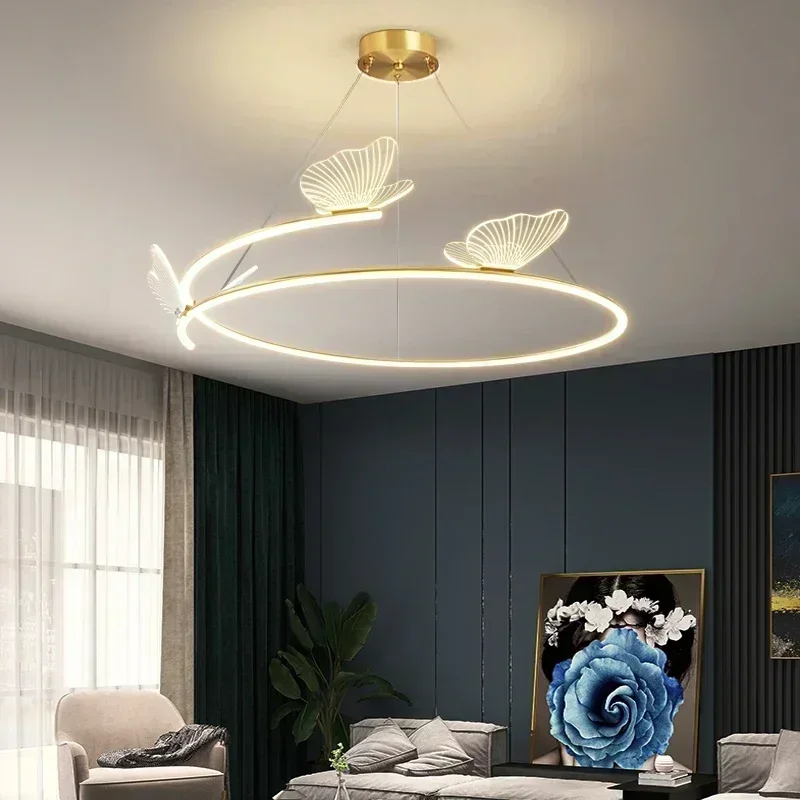 Round Butterfly LED Chandelier Modern Minimalist Living Room Hanging Lamp Fashion Creativity Pendant Light for Home Decoration