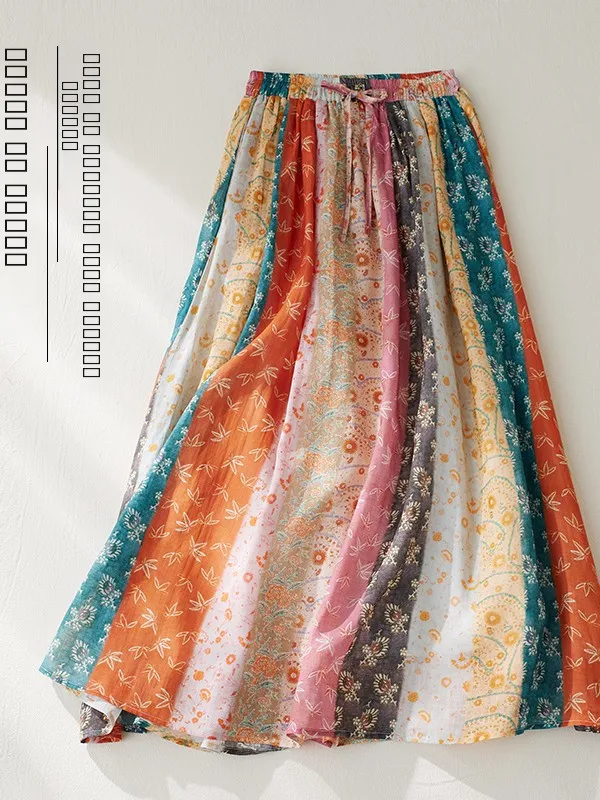 

Двухслойная женская юбка из хлопка и льна, летняя повседневная свободная юбка миди с цветочным принтом, А-силуэт