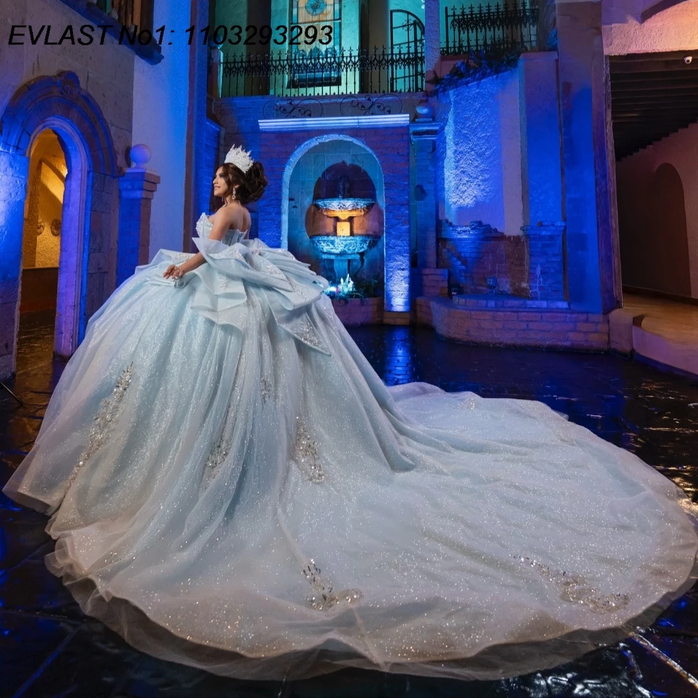

EVLAST винтажное синее платье Quinceanera по индивидуальному заказу, бальное платье с блестящей кружевной аппликацией и бантом из бисера, милое платье 16, Vestidos De 15 Anos E1QN570