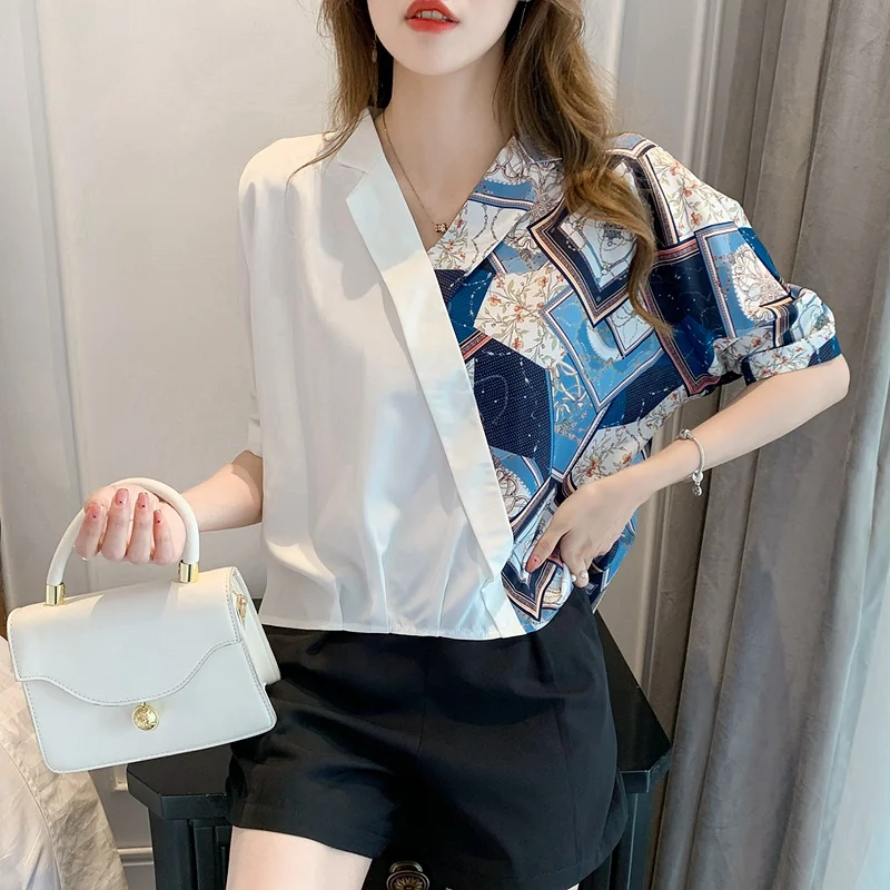 Fashion Stitching V-neck Shirt Women's 2023 Summer New Casual Chiffon Short Sleeve Blouse Top