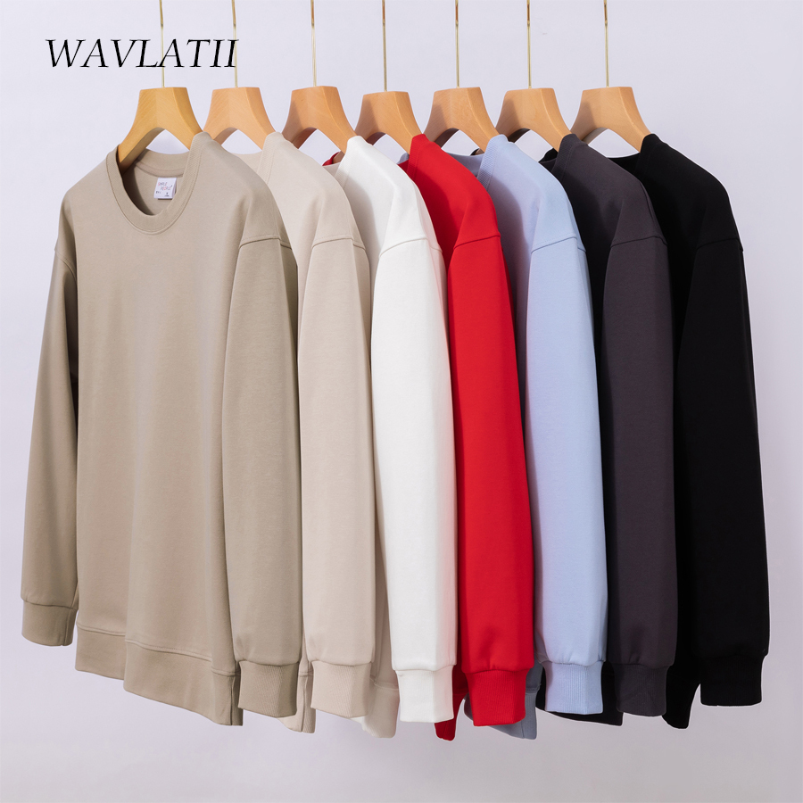  WAVLATII 2023 New Women Simple Style Khaki Sweatshirt Female Fashion Streetwear Soild O-neck Hoodie Casual White Tops for Autumn 