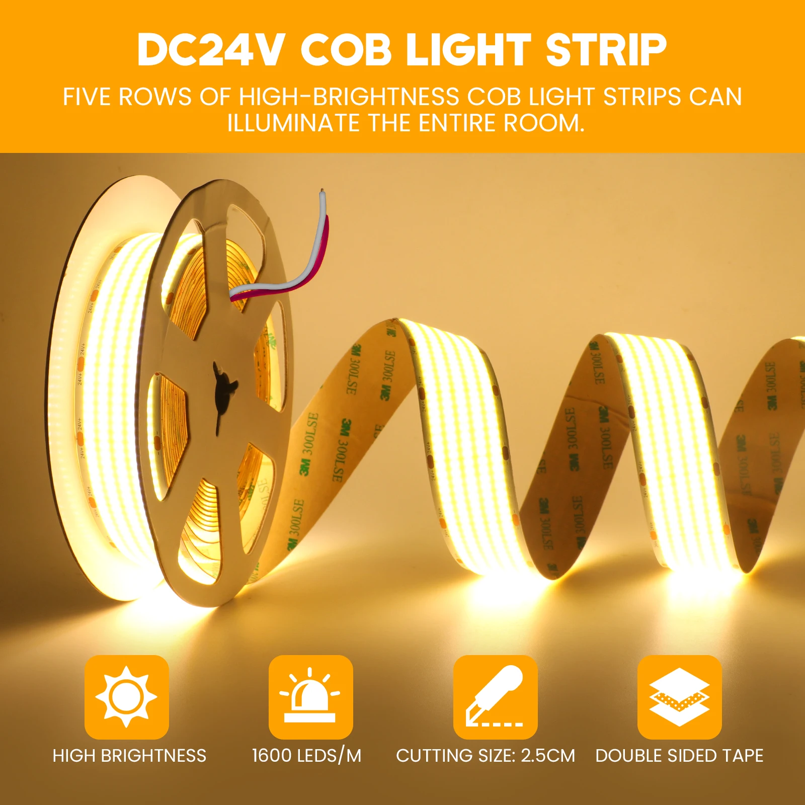 24V1600LEDs/m COB LED Strip Light 5 Rows LED Super Bright Flexible LED Tape High Density Linear Light COB Lights Home Decoratio