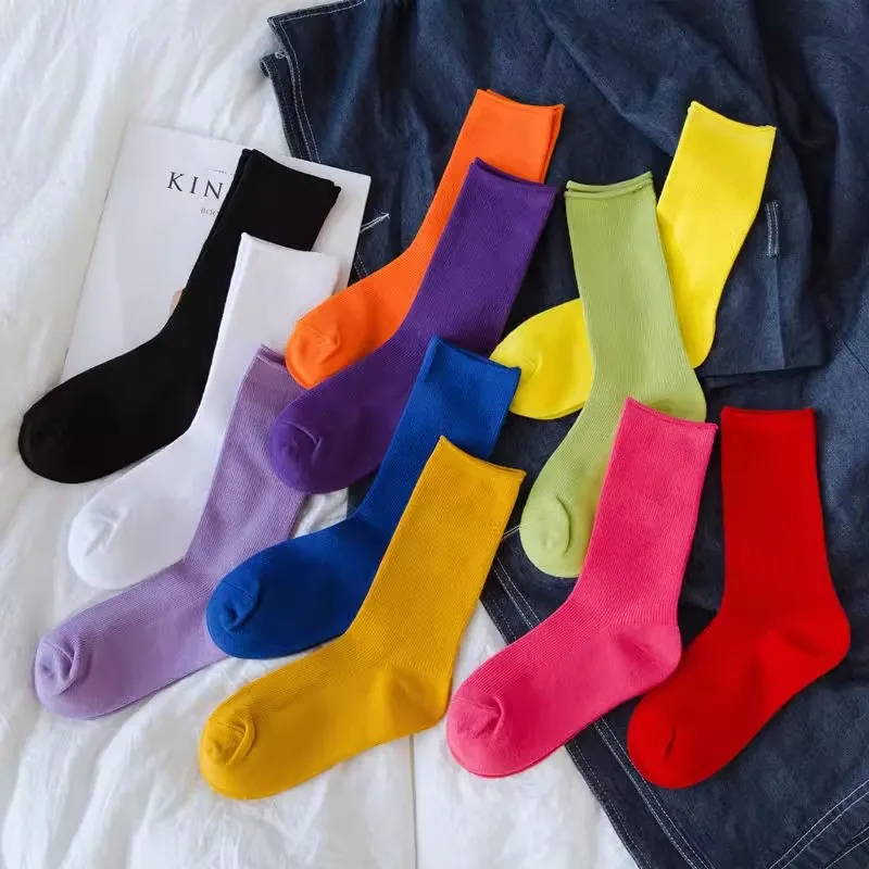 New Women Socks Fashion Solid Color Crew Socks For Women Preppy Style Cotton Breathable Neon Color Long Korean White Socks Girl