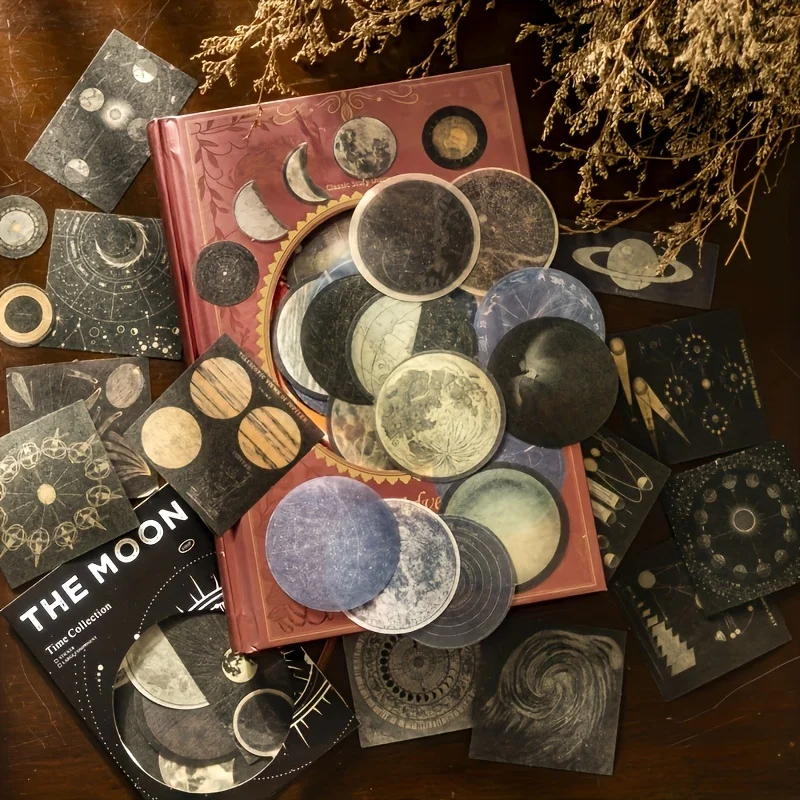 100pcs Vintage Round Moon Universe Paper Stickersfor Scrapbook, Journal, Luggage, Skateboards, Notebooks, Mobile Phones, Tablets