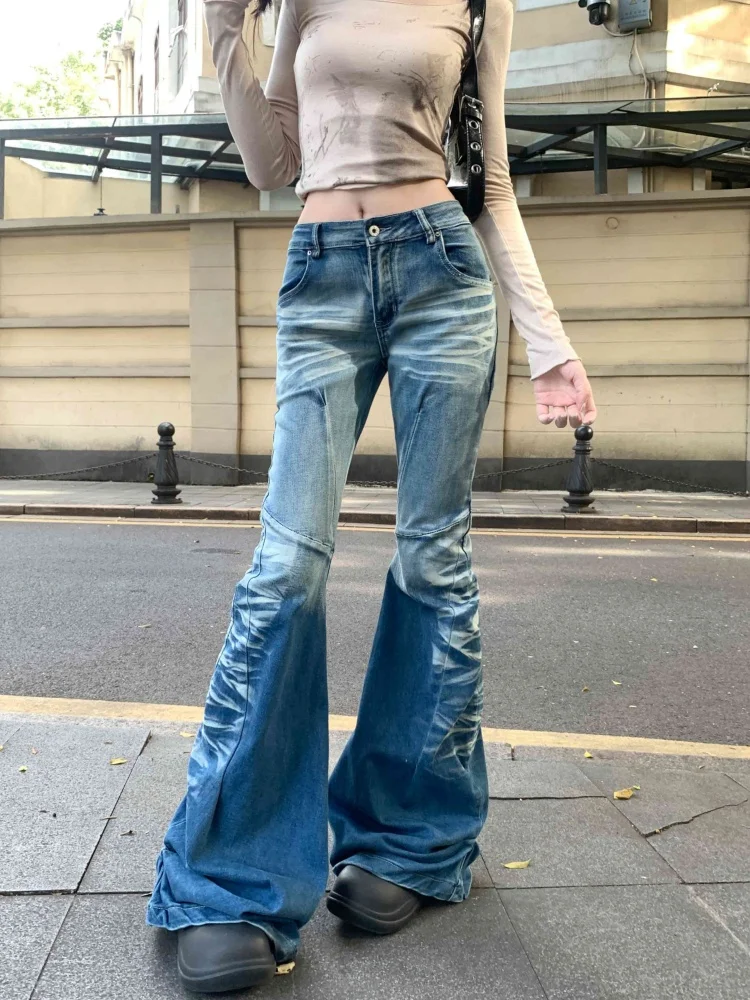 2025 American Retro Y2K Fashion Washed Blue Slim Women's Flared Jeans Pants Woman Clothing Punk Gothic Denim Trousers Ropa Mujer