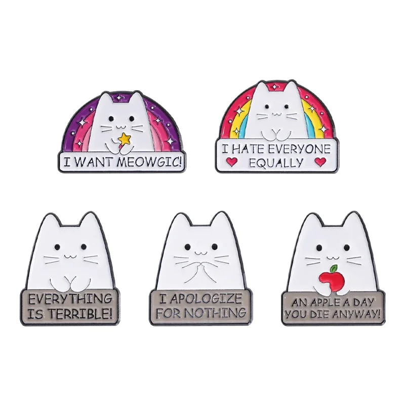 Cute Rainbow Cat Enamel Pins Custom I HATE EVERYONE EQUALLY Kitten Brooches Backpack Lapel Badge Animal Jewelry Accessories