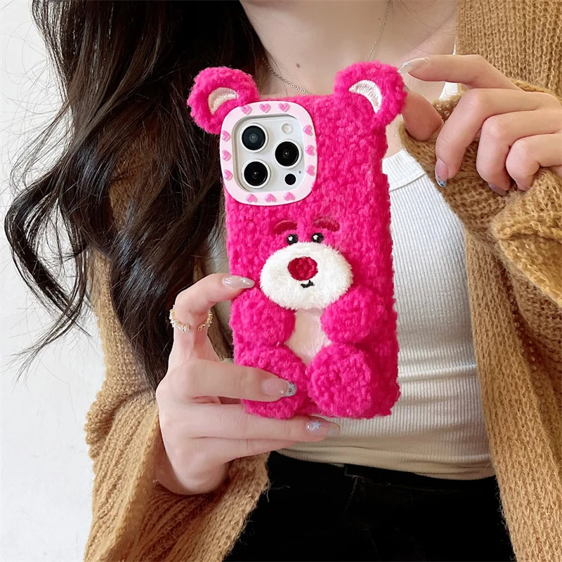 

Luxury Disney Cute Furry Lotso What About Cashmere Wool Warmth Phone Case For iPhone 16 15 14 13Pro Max Lovely Plush Shell