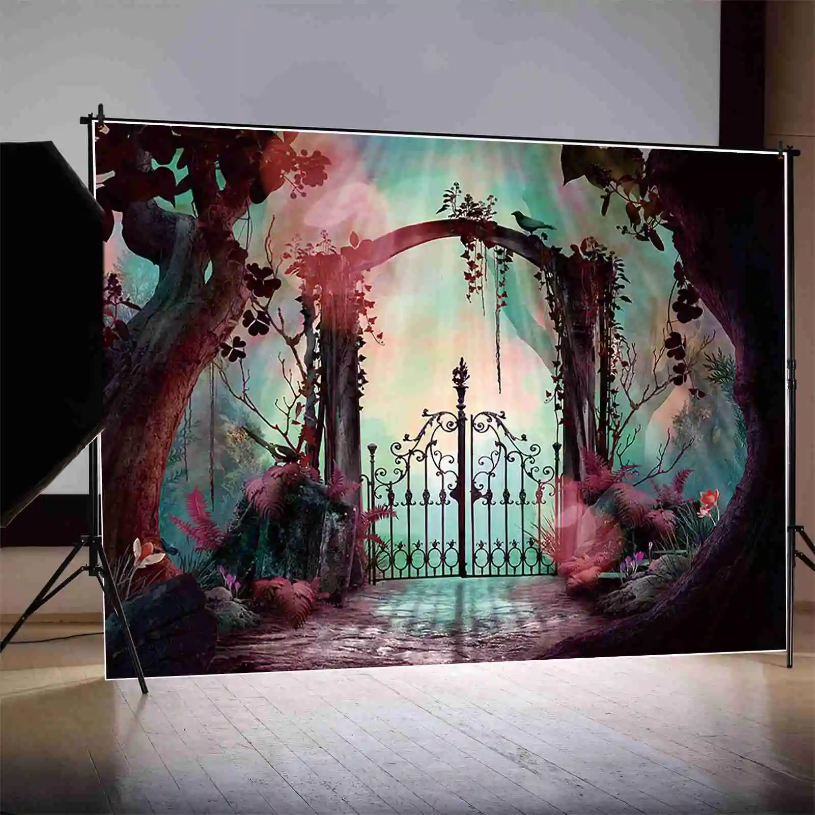 MOON.QG Alicja w krainie czarów dziewczyna urodziny tło imprezowe bajkowy las zamek motylkowy tło spersonalizowane rekwizyty fotograficzne