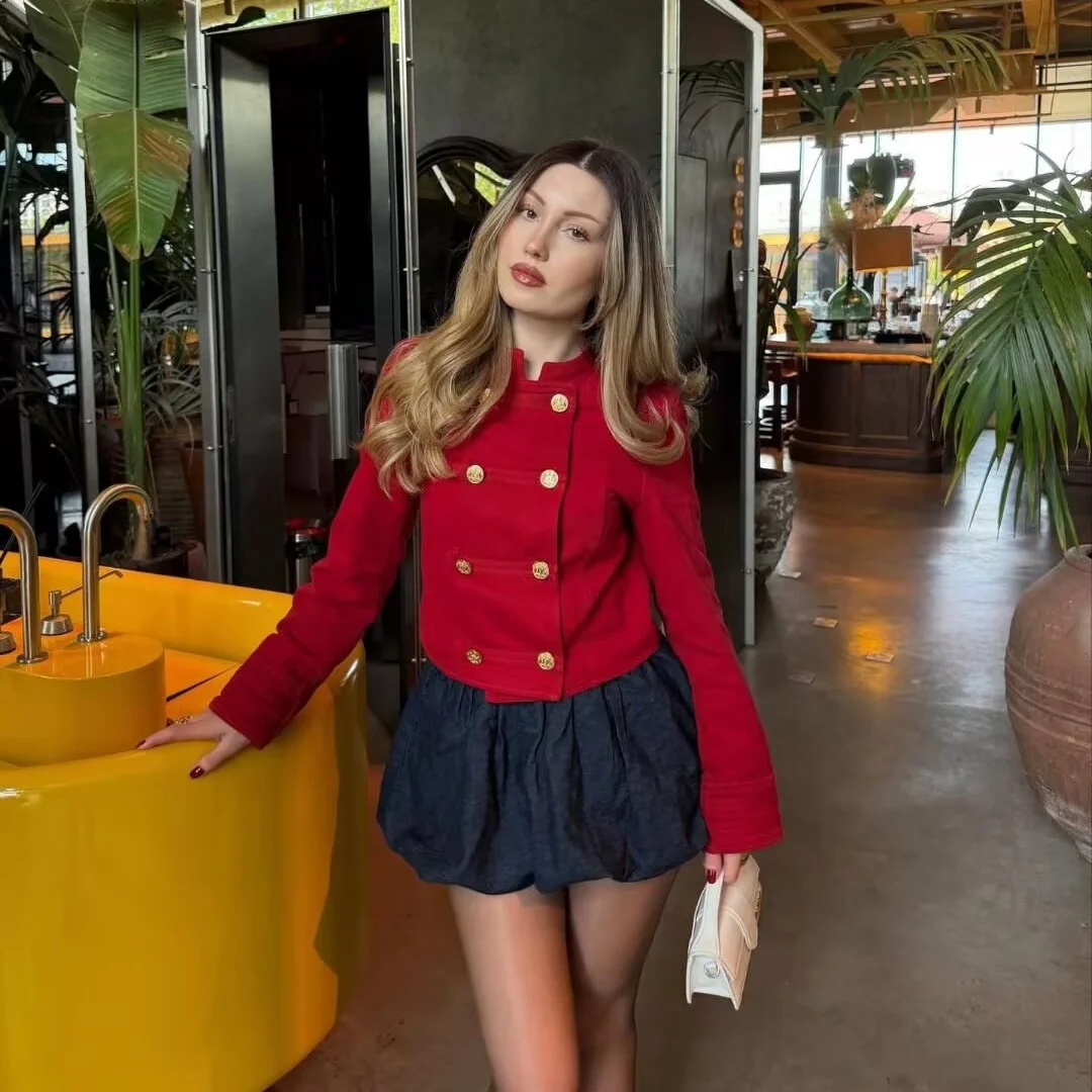 

BSAY Streetwear Napoleon Style Short Jacket Coat Women Double Breasted Gold Button Long Sleeve Red Blazers Vintage Outerwear
