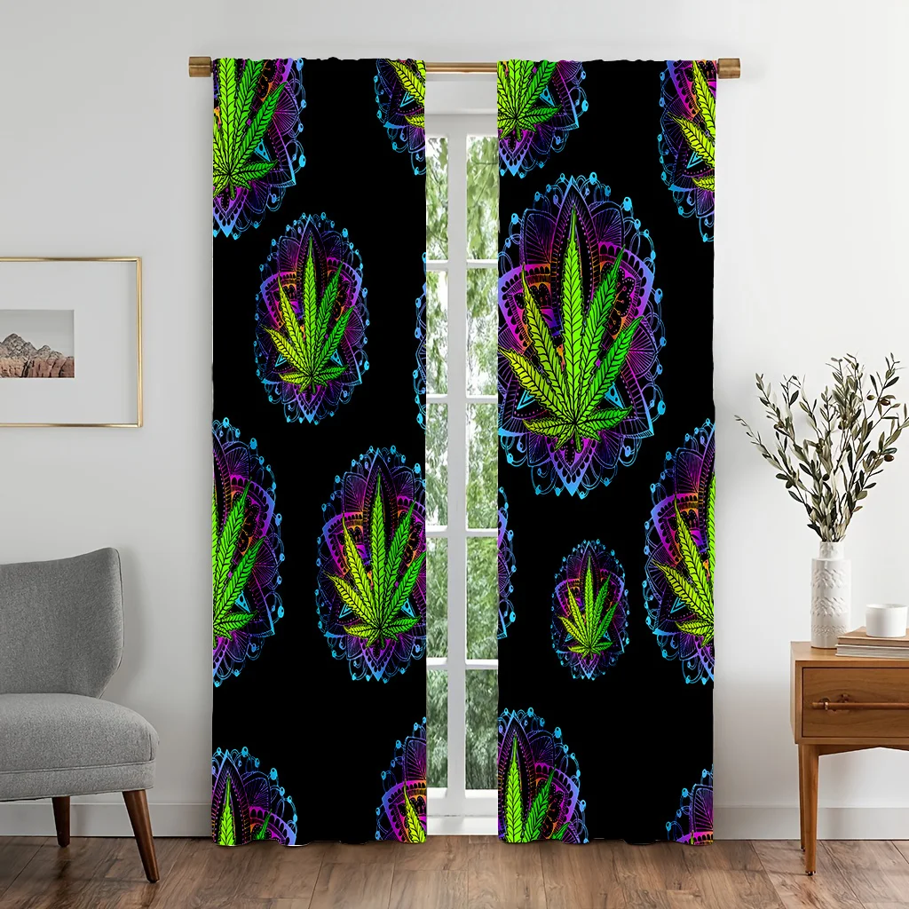 2pcs Psychedelic Weed Curtains Mandala Pattern Print Blackout Drape Living Room Bedroom Window Treatment Home Decor