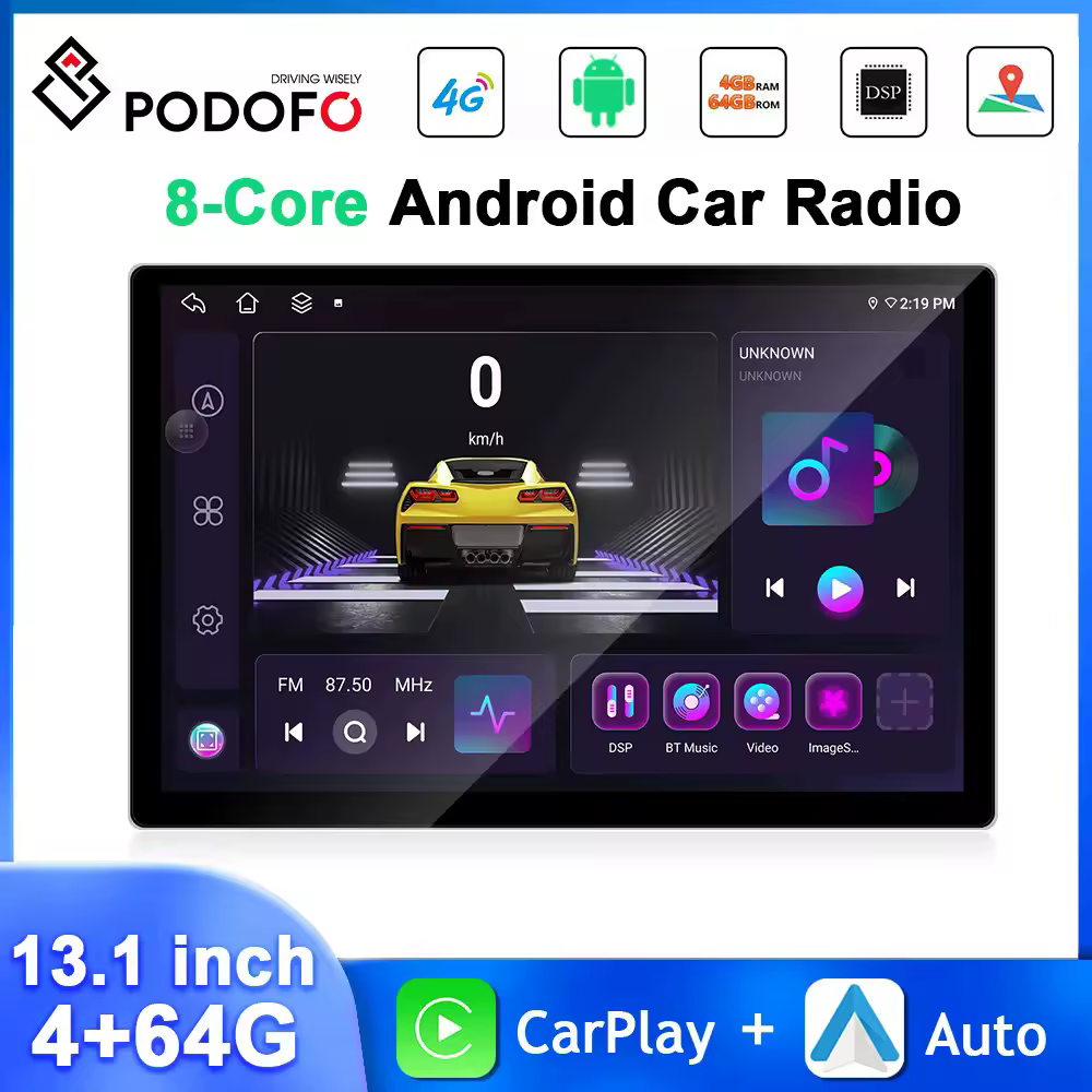 Автомагнитола Podofo 13,1'' 2K, 8 ядер, 4+64 ГБ мультимедийный плеер, Carplay, Android Auto, GPS-навигация, Wi-Fi и 4G, DSP, FM/AM/RDS.