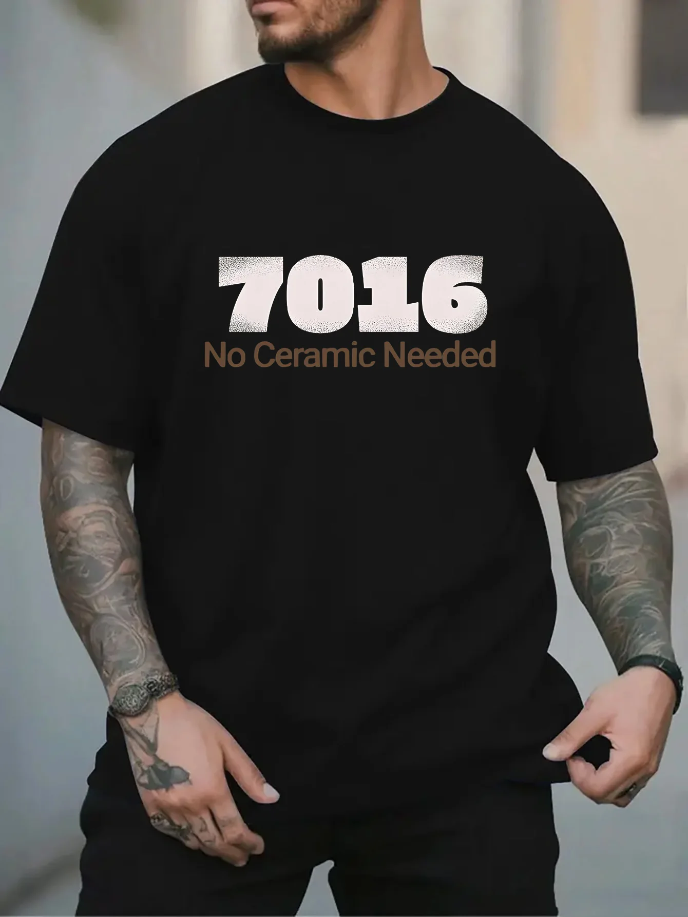 Men Black Crew Neck Tee Distressed Big Number 7016 No Ceramic Needed Retro Faded Text Mechanic Gear Head Casual Cotton Male Tops