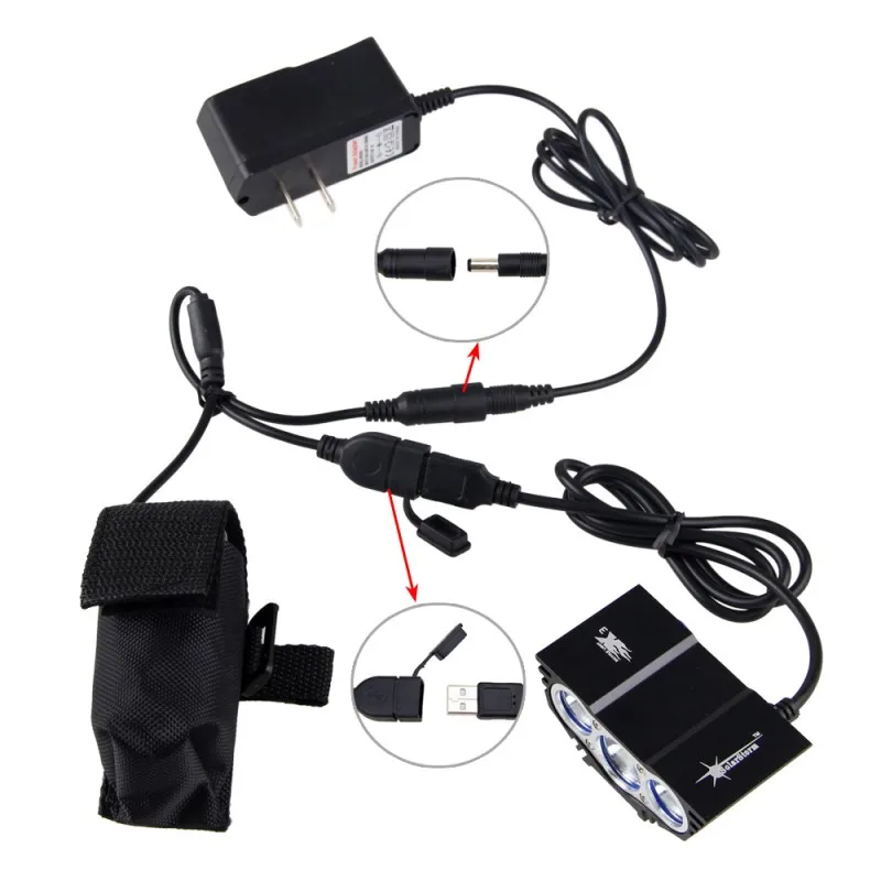 Waterproof 3XLED Front Bicycle Light USB Cycling Headlamp MTB Bike Flashlight with 6400mAh Battery Pack+Charger