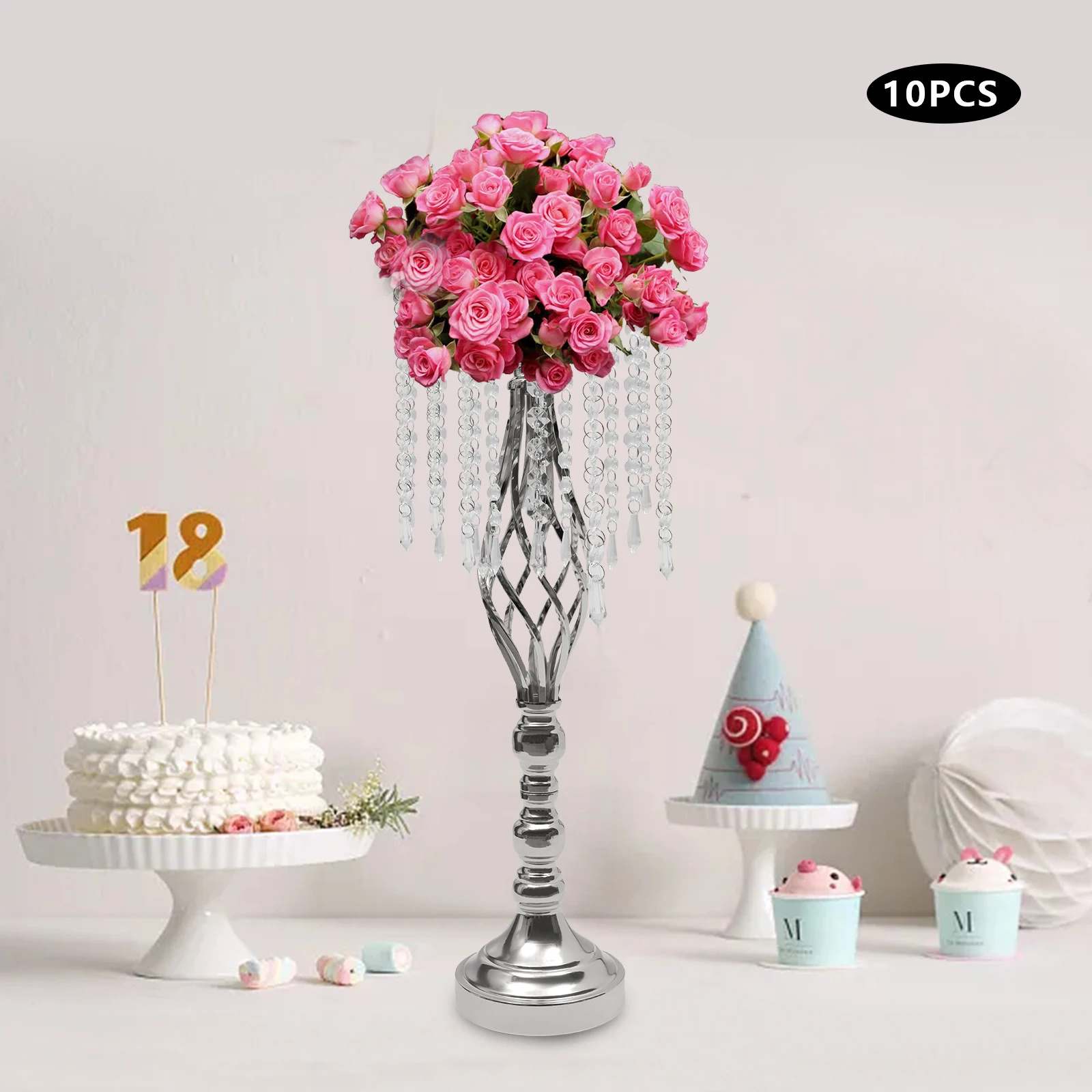 10 Pack Crystal Flower Stand Wedding Centerpieces 21 7 Inch Tall Silver Iron with Acrylic Crystals Tabletop Vase for Party Birthday Reception Home Decor