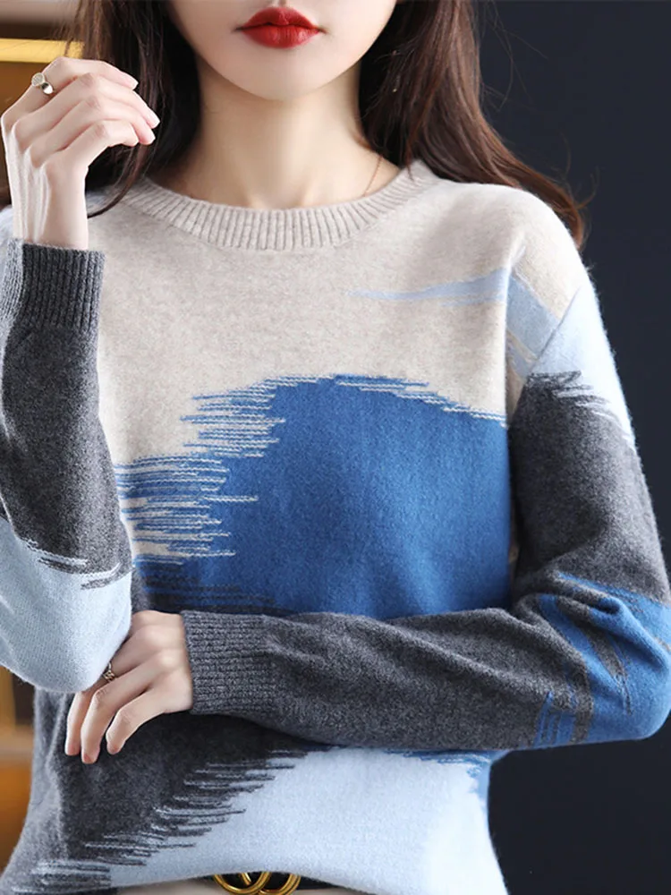 Chic Tie-dye Knit O-neck Sweater Korean Casual Knitwear Long Sleeve Pullovers Tops Women Spring Fall Vintage Sueter Blusas New