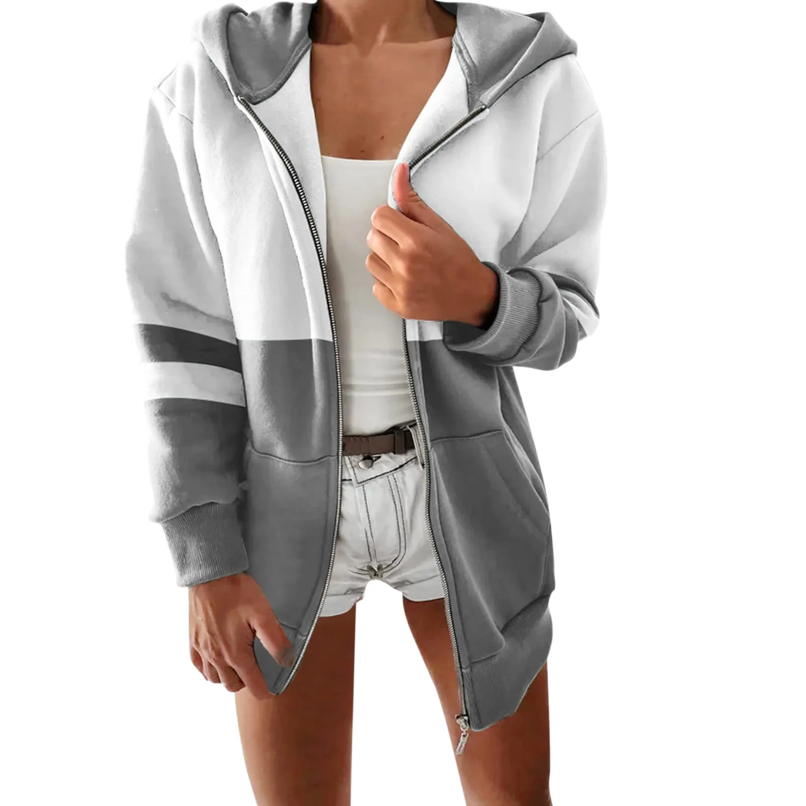 Women Casual Full Zip Up Plush Hoodie Comfy Loose Solid Sweatshirt Long Sleeve Jacket With Pockets Study Windbreaker Jacket