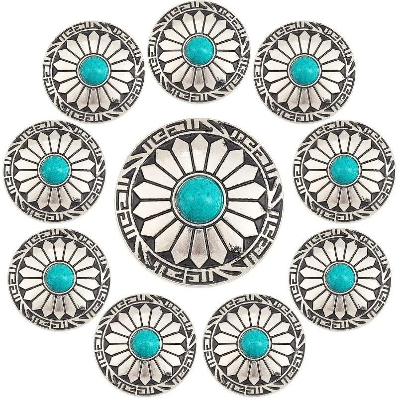 

10Pcs 1-Hole Turquoise Buttons Western Conchos Screw Back Round Metal Decorative Conchos Flat Round with Sunflowers Pattern