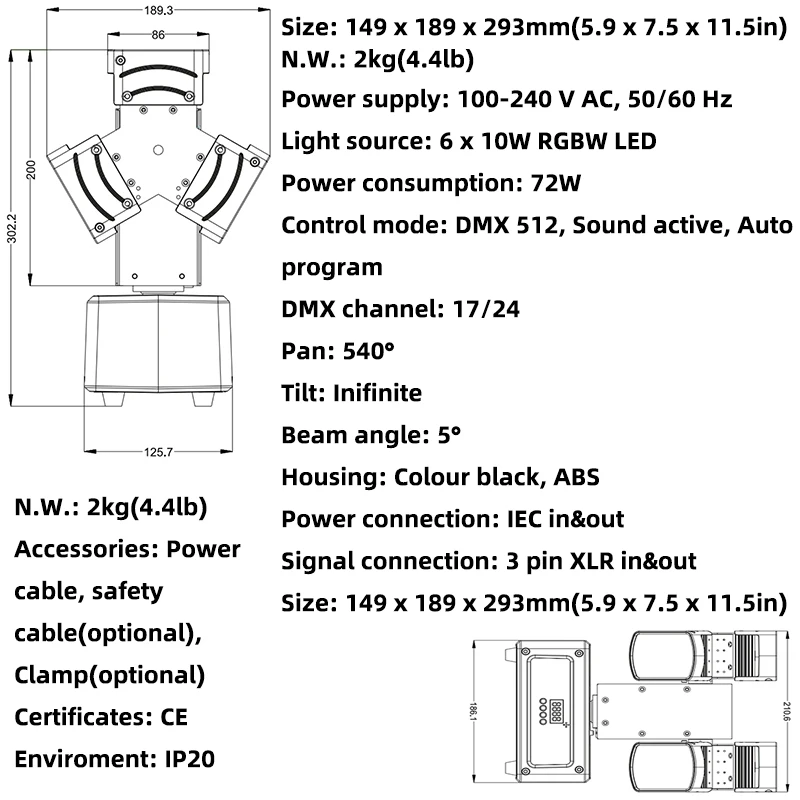 Mini 2 Arm Rotating Moving Head Lights LED DJ Disco Strobe Beam Stage Effect RGBW DMX Sound Control Audience Show Stage Lighting