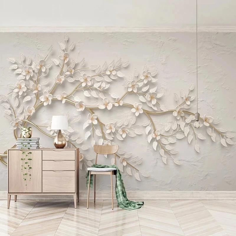 Customized Wallpaper Modern Golden Tree Branch White Flowers 3D Embossed Bedroom Mural Living room TV background wall restaurant