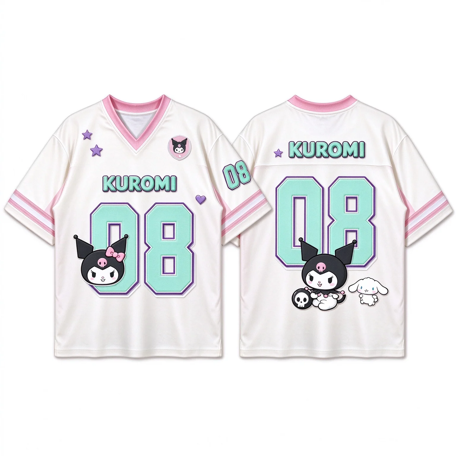 New Women's Stylish Short-Sleeve V-Neck T-Shirt Featuring a Cute Kuromi Print – Original Design for Girls