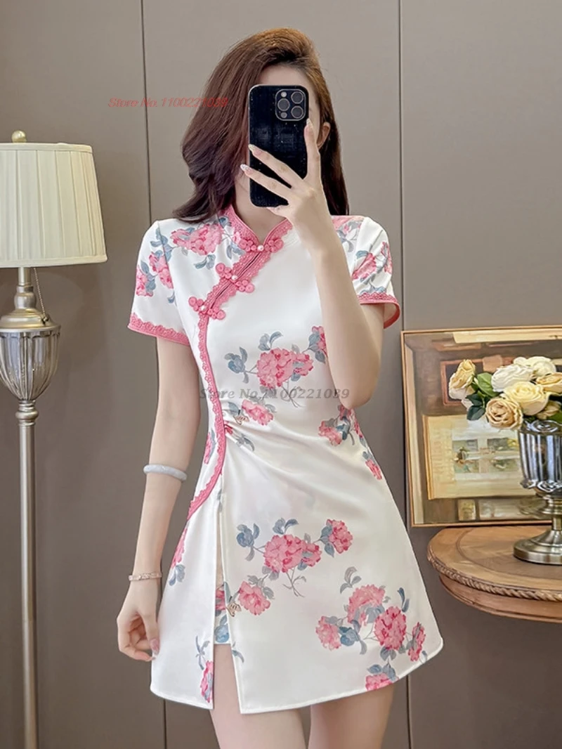 

2026 chinese improved cheongsam traditional nightclub qipao dress national flower print dress+shorts set hotel spa work dress
