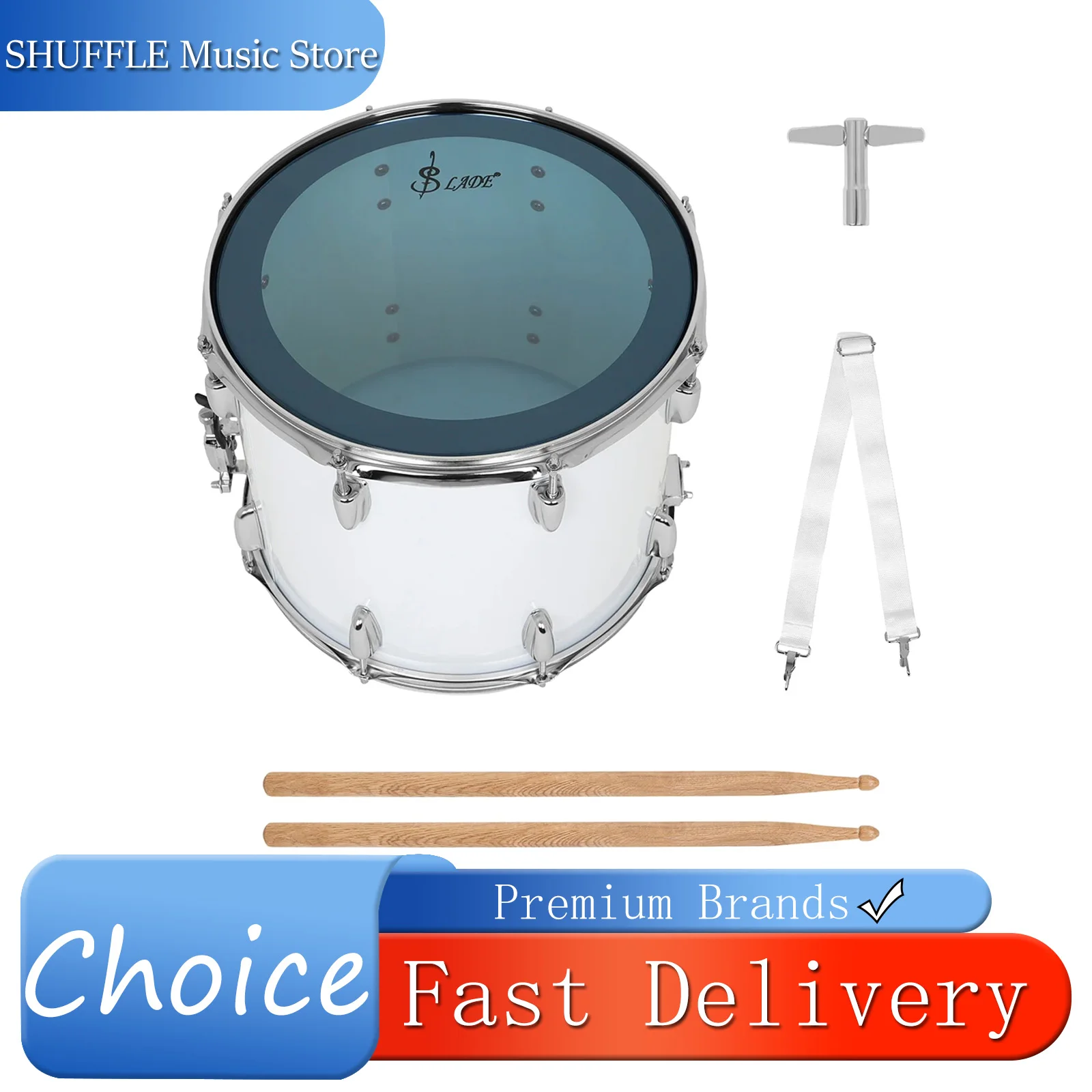 SLADE 14 بوصة عالية النبرة طبلة عسكرية زحف طبل جلد أزرق أبيض طبل قرع آلة موسيقية مع حزام الكتف