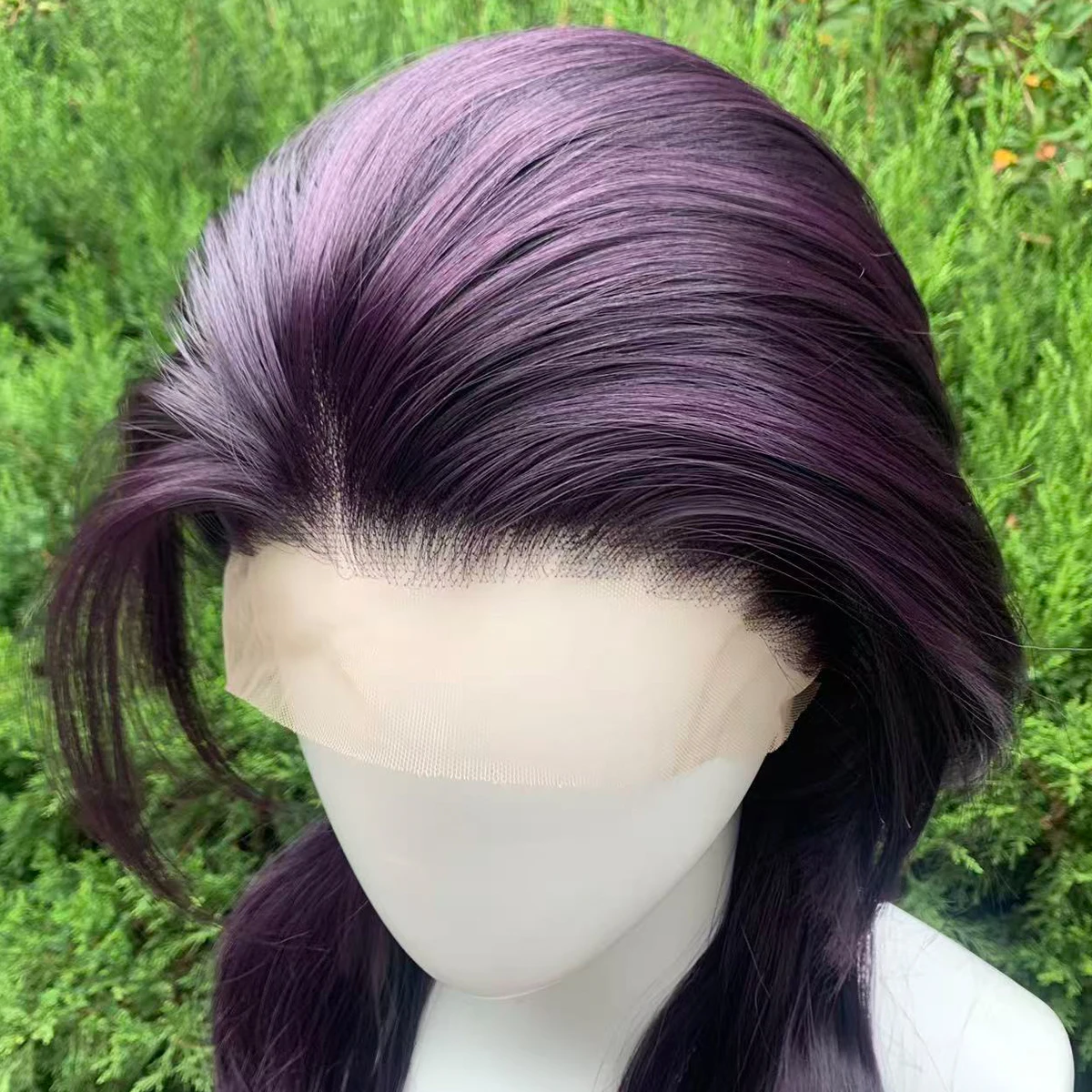 Deep Purple Synthetic 13×4 Lace Front Wigs Natural Wave Wolf's Tail Wig Medium Length Glueless Lace Wig Daily Wear Cosplay