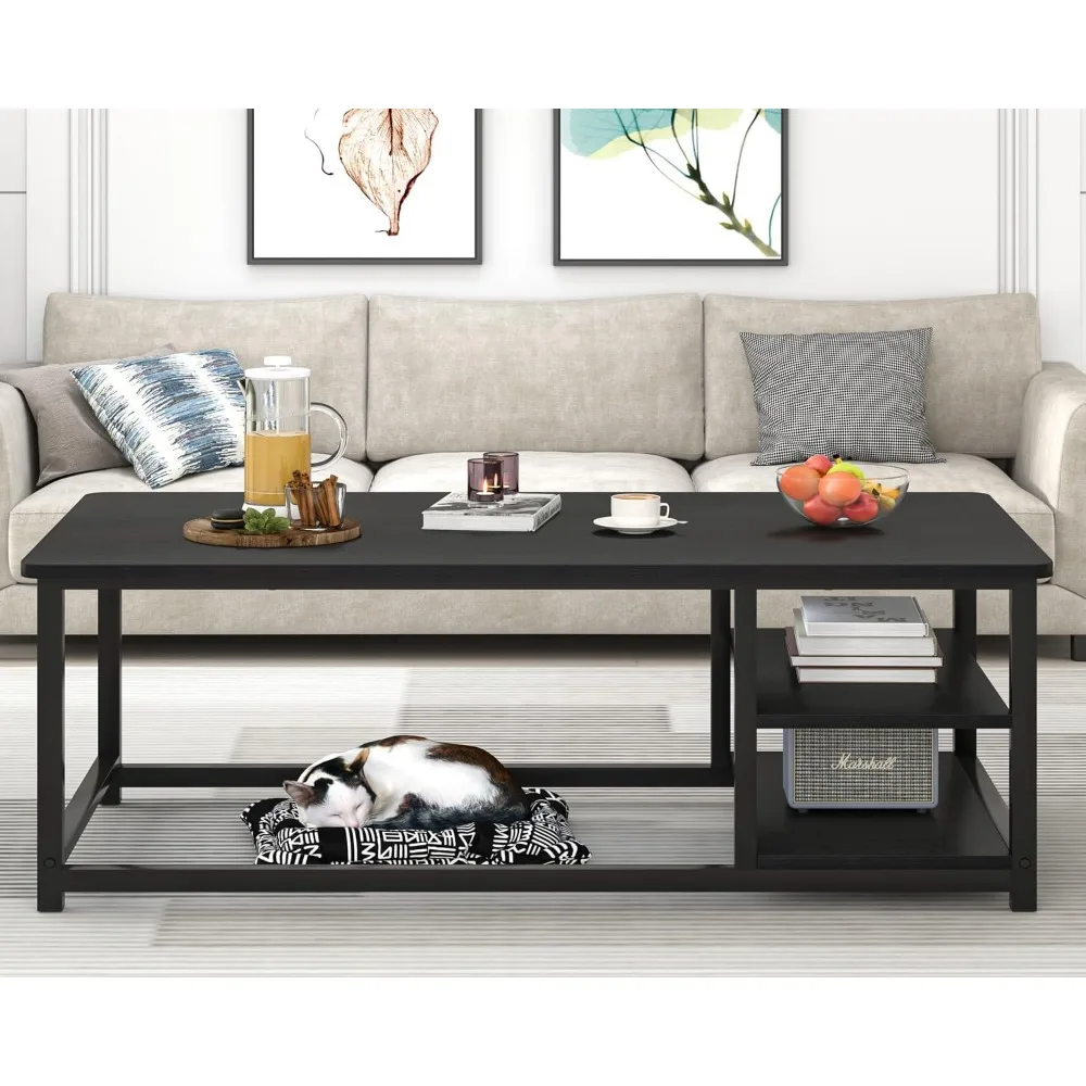 Rustic Modern Coffee Table with Storage Shelf, 47 Rectangular Living Room Furniture