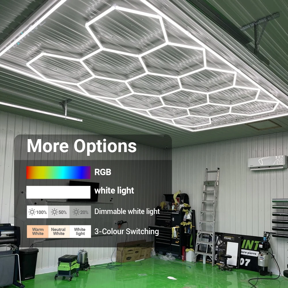 

Garage Lamps Lighting Tube 5hex 14hex Frame RGB/ White/ Dimmable/3-Color Switching Honeycomb Ceiling Lamp for gym warehouse